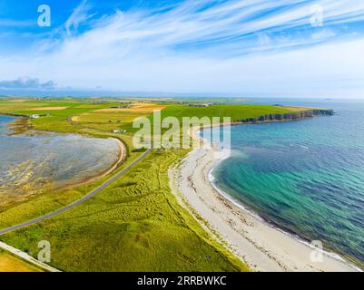 Aerial view of beaches at Taracliff Bay and Peter’s Pool at Sandi Sands on East Mainland, Upper Sanday, Orkney Islands, Scotland, UK. Stock Photo