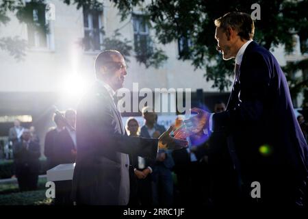 Berlin, Germany. 07th Sep, 2023. Christian Lindner (FDP, r), Federal Minister of Finance, walks to Nir Barkat, Minister of Economy and Industry of Israel, after his speech at the opening of the exhibition 'Survivors. Faces of Life after the Holocaust' by photographer Martin Schöller in the courtyard of the Federal Ministry of Finance. Credit: Carsten Koall/dpa/Alamy Live News Stock Photo