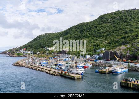 St. John's, NL, Canada - Aug. 27, 2023: Boats in St John's Harbour looking toward Fort Amherst and The Narrows. Stock Photo
