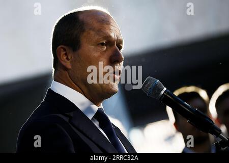 Berlin, Germany. 07th Sep, 2023. Nir Barkat, Minister of Economy and Industry of Israel, speaks at the opening of the exhibition 'Survivors. Faces of Life after the Holocaust' by photographer Martin Schöller in the courtyard of the Federal Ministry of Finance. Credit: Carsten Koall/dpa/Alamy Live News Stock Photo