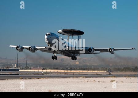 An E-3 Sentry takes off for a mission during exercise Red Flag 23-2 at Nellis AFB on Aug. 4, 2023. U.S. Air Force photo by William R. Lewis Stock Photo