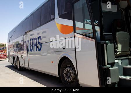 Marrakech, Morocco - August 28, 2023 People traveling in a Supratours bus between Marrakech and Agadir. The price is cheap and the service excellent. Stock Photo