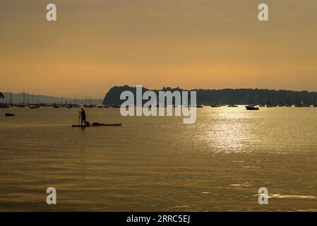 Poole, Dorset, England, UK, 7th September 2023: Weather. Paddleboarder and small boats in sunset over Poole Harbour and Brownsea Island after the hottest day of the year was recorded during September heatwave. Credit: Paul Biggins/Alamy Live News Stock Photo