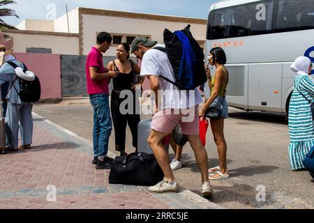 Marrakech, Morocco - August 28, 2023 People traveling in a Supratours bus between Marrakech and Agadir. The price is cheap and the service excellent. Stock Photo