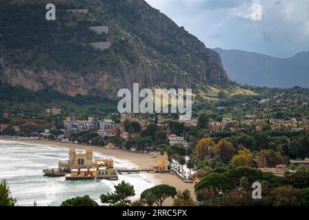 Mondello, Palermo, Italy over the beach with Monte Pellegrino in the background. Stock Photo