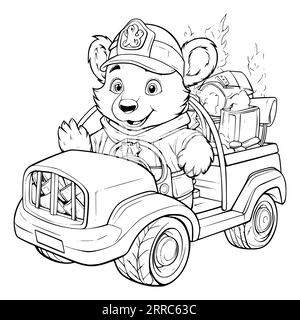 Bear Driving Firetruck Coloring Page For Kids Stock Vector