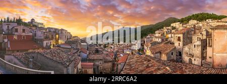 Morano Calabro, Italy rooftop village view at dawn. Stock Photo