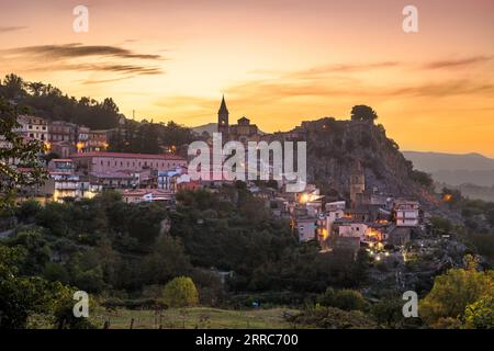 Novara di Sicilia, Italy village skyline on the island of Sicily at dusk. Stock Photo