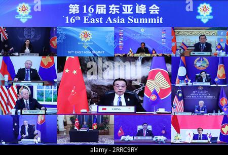 211028 -- BEIJING, Oct. 28, 2021 -- Chinese Premier Li Keqiang attends the 16th East Asia Summit via video link at the Great Hall of the People in Beijing, capital of China, Oct. 27, 2021  CHINA-BEIJING-LI KEQIANG-16TH EAST ASIA SUMMIT CN YaoxDawei PUBLICATIONxNOTxINxCHN Stock Photo