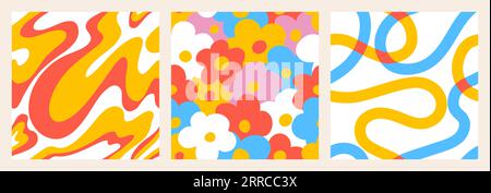 1970 Daisy seamless pattern pack with Naive groovy wave and squiggle. Retrowave with 90s style for kids. Fun colorful Doodle Bright backgrounds. Minimalist nursery print in red, blue and yellow. Stock Vector