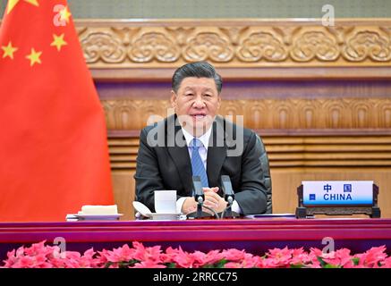 News Bilder des Tages 211031 -- BEIJING, Oct. 31, 2021 -- Chinese President Xi Jinping attends the 16th G20 Leaders Summit via video link in Beijing, capital of China, Oct. 31, 2021.  CHINA-BEIJING-XI JINPING-G20 SUMMIT CN LixXueren PUBLICATIONxNOTxINxCHN Stock Photo