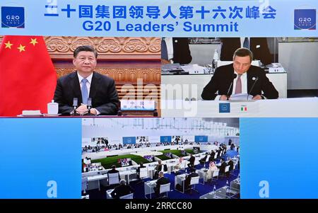 211031 -- BEIJING, Oct. 31, 2021 -- Chinese President Xi Jinping attends the 16th G20 Leaders Summit via video link in Beijing, capital of China, Oct. 31, 2021.  CHINA-BEIJING-XI JINPING-G20 SUMMIT CN YuexYuewei PUBLICATIONxNOTxINxCHN Stock Photo