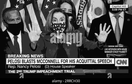 A CNN screenshot (digitally colorized) of House Speaker Nancy Pelosi speaking after the Senate again acquitted Donald Trump of impeachment charges. Stock Photo
