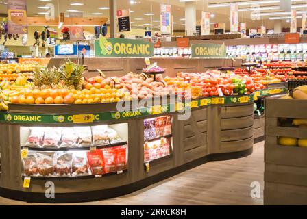 View of Food Aisles in American Supermarket Stock Photo