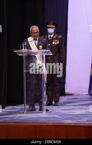 211110 -- PRAIA, Nov. 10, 2021 -- The new president of Cape Verde, Jose Maria Neves, delivers a speech at the inauguration ceremony in Praia, Cape Verde, on Nov. 9, 2021. Jose Maria Neves pledged in a speech at his inauguration ceremony on Tuesday to strengthen the special ties and bilateral relations with the traditional friends and partners of Cape Verde. /Handout via Xinhua CAPE VERDE-PRAIA-PRESIDENT-INAUGURATION Inforpress PUBLICATIONxNOTxINxCHN Stock Photo