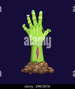 Cartoon zombie hand, isolated vector decaying corpse arm, green and rotting, with exposed bones and torn flesh, reaching out with gnarled fingers in a gruesome and eerie gesture at Halloween night Stock Vector