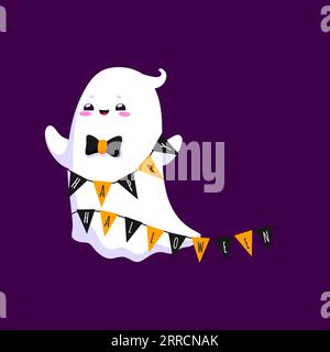 Cartoon halloween kawaii ghost character adorned with festive garland and bow tie. Adorable baby spirit personage decorated with black and orange flags adding a charming and spooky touch to holiday Stock Vector