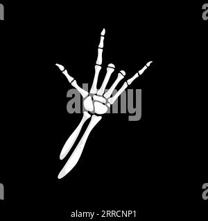 Skeleton hand making rock or devil horns gesture gesture, with bony fingers contorted in a haunting and otherworldly pose. Isolated vector skeletal palm evoking a sense of mystery and dread Stock Vector