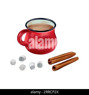 Red mug with hot drink, marshmallow and cinnamon. Vector illustration for New Year composition. Greeting cards, Christmas invitations, banners, flyers Stock Vector