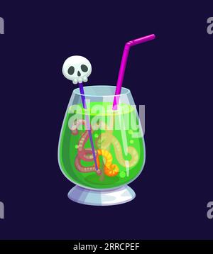 Halloween holiday party cocktail drink. Isolated vector sinister swamp sip, spooky green beverage with skull, straw, gummy worm garnish wriggling in a mysterious concoction, a creepy holiday beverage Stock Vector