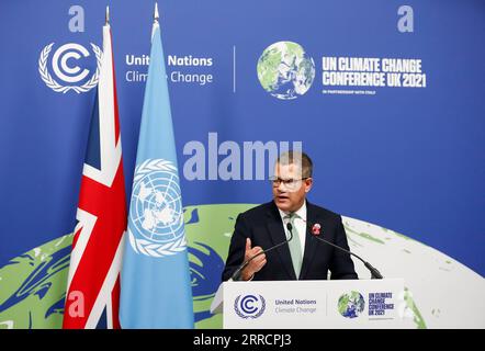 211114 -- GLASGOW, Nov. 14, 2021 -- COP26 President Alok Sharma speaks at a press conference after the closing plenary of the 26th session of the Conference of the Parties COP26 to the United Nations Framework Convention on Climate Change in Glasgow, the United Kingdom, Nov. 13, 2021. The United Nations climate change conference concluded here Saturday after a one-day extension, with negotiators agreeing on a new global pact to tackle climate change.  UK-GLASGOW-COP26-CONCLUSION HanxYan PUBLICATIONxNOTxINxCHN Stock Photo