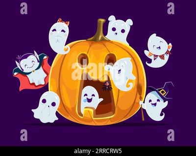 Halloween kawaii ghosts around holiday pumpkin. Vector flying ghosts and spirits cartoon characters wearing Halloween trick or treat party costumes, witch hat and broom, Dracula vampire cape, spider Stock Vector