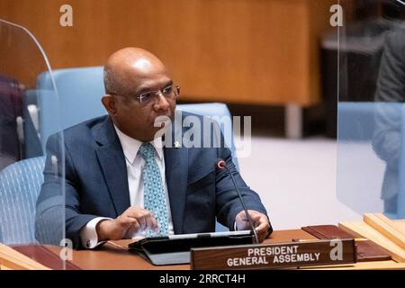 211117 -- UNITED NATIONS, Nov. 17, 2021 -- Abdulla Shahid, president of the 76th session of the United Nations General Assembly, addresses the UN Security Council meeting Peace and Security Through Preventive Diplomacy: A Common Objective to All UN Principal Organs, at the UN headquarters in New York, Nov. 16, 2021. /UN Photo/Handout via Xinhua UN-SECURITY COUNCIL-MEETING ManuelxElias PUBLICATIONxNOTxINxCHN Stock Photo