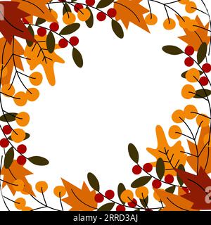 Double sided corner frame of autumn leaves, twigs and berries in trendy seasonal shade. Copy space. Hello autumn. Isolate. EPS. Design for greeting, card, poster, brochure or web, banner, price, label Stock Vector