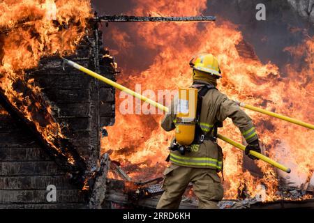 Firefighters training on a burning building Stock Photo