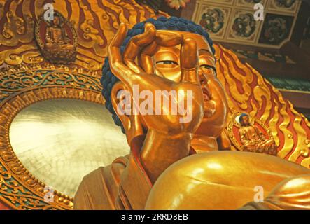 Hangzhou's golden Sakyamuni Buddha in Lingyin Temple's (Temple of the Soul's Retreat) Grand Mahavira Hall Stock Photo