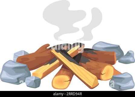 Starting camfire icon. Cartoon firewood logs smoking isolated on white background Stock Vector