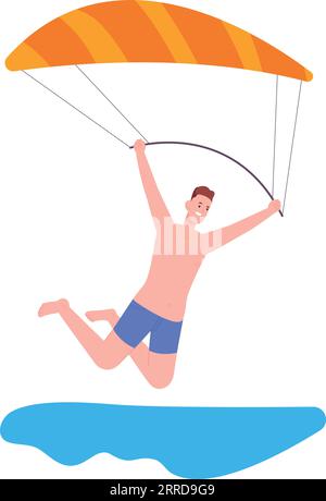 Kitesurfer character. Young man flying on kite. Summer sport isolated on white background Stock Vector