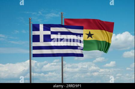 Ghana flag and Greece flag waving together on blue sky, two country cooperation concept Stock Photo