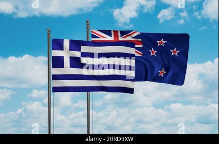 New Zealand and Greece flag waving together in the wind on blue sky, two country cooperation concept Stock Photo