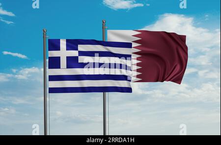 Greece flag and Qatar flag waving together on blue sky, two country ...