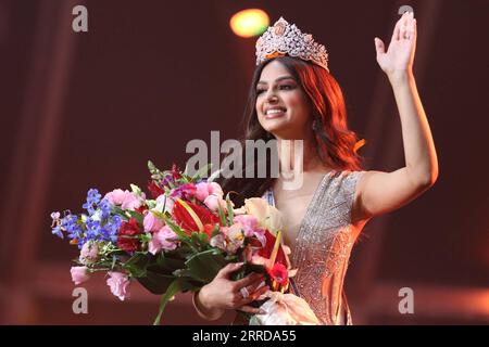 211213 -- EILAT, Dec. 13, 2021 -- Indian contestant Harnaaz Sandhu participates in the 70th Miss Universe in southern Israeli city of Eilat on Dec. 13, 2021. Miss India Harnaaz Sandhu was crowned as the 70th Miss Universe at the pageant held on the night between Sunday and Monday at Israel s southernmost resort city of Eilat. Sandhu, a 21-year-old actress and model, beat 79 other contestants and won a third title for her country, following previous Indian wins in 1994 and 2000. She was crowned by the previously reigning Miss Universe, Mexico s Andrea Meza.  ISRAEL-EILAT-MISS UNIVERSE ShangxHao Stock Photo