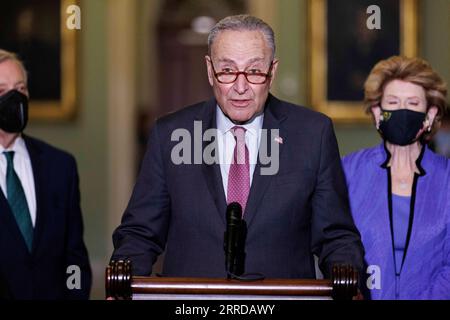 211215 -- WASHINGTON, D.C., Dec. 15, 2021 -- U.S. Senate Majority Leader Chuck Schumer speaks during a press conference on Capitol Hill in Washington, D.C. Dec. 14, 2021. The U.S. Senate on Tuesday approved a measure to lift the nation s borrowing limit by 2.5 trillion U.S. dollars, one day before the deadline set by Treasury Secretary Janet Yellen for lawmakers to take action to prevent a default. Photo by /Xinhua U.S.-WASHINGTON, D.C.-DEBT CEILING TingxShen PUBLICATIONxNOTxINxCHN Stock Photo