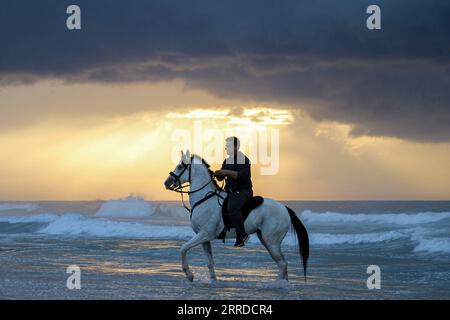 211217 -- GAZA, Dec. 17, 2021 -- A Palestinian man rides a horse on a beach at sunset in Gaza City, on Dec. 17, 2021. Photo by /Xinhua MIDEAST-GAZA CITY-SEASIDE-SUNSET RizekxAbdeljawad PUBLICATIONxNOTxINxCHN Stock Photo