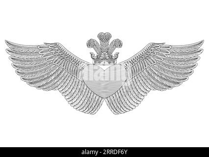 Heart with crown, wings and feather, vintage engraving drawing style vector illustration Stock Vector