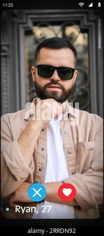 Dating site account of handsome man. Profile photo, information and icons Stock Photo