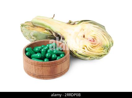 Fresh artichoke and pills isolated on white Stock Photo