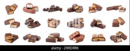 Set with many yummy chocolate bars isolated on white Stock Photo