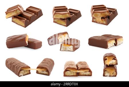 Set with many yummy chocolate bars isolated on white Stock Photo