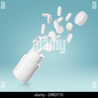 Many different white pills bursting out of bottle on light blue background Stock Photo