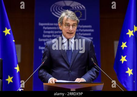 220111 -- BRUSSELS, Jan. 11, 2022 -- File photo dated March 8, 2021 shows European Parliament President David Sassoli delivering a speech at an event marking the International Women s Day, in Brussels, Belgium. European Parliament President David Sassoli died at age 65 at a hospital in Italy early Tuesday, his spokesperson has said. European Union/Handout via Xinhua BELGIUM-BRUSSELS-EU-PARLIAMENT-PRESIDENT-DAVID SASSOLI-PASSING AWAY ZhangxCheng PUBLICATIONxNOTxINxCHN Stock Photo
