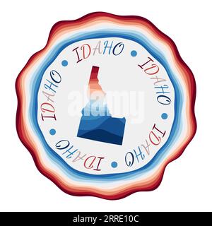 Idaho badge. Map of the US state with beautiful geometric waves and a vibrant red-blue frame. Vivid round Idaho logo. Vector illustration. Stock Vector