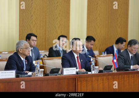 Ulaanbaatar, Mongolia, 8th Sep, 2023. The Chairman of the State Great Khural, G. Zandanshatar, welcomed the Chairman of the National Assembly of the Laos People's Democratic Republic, Xaysomphone Phomvihane. Credit: L.Enkh-Orgil/Alamy Live News. Stock Photo