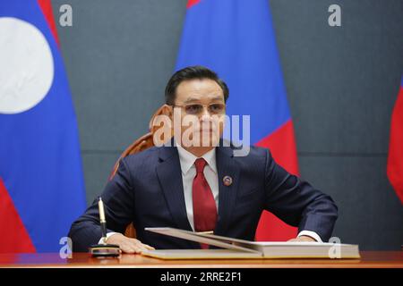 Ulaanbaatar, Mongolia, 8th Sep, 2023. The Chairman of the State Great Khural, G. Zandanshatar, welcomed the Chairman of the National Assembly of the Laos People's Democratic Republic, Xaysomphone Phomvihane. Credit: L.Enkh-Orgil/Alamy Live News. Stock Photo