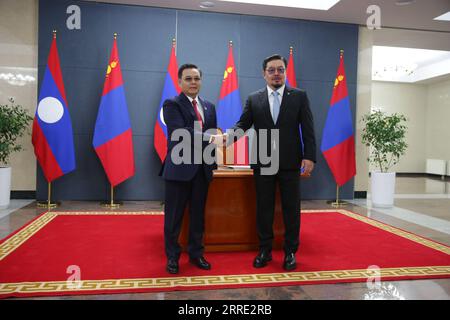 Ulaanbaatar, Mongolia, 8th Sep, 2023. The Chairman of the State Great Khural, G. Zandanshatar, welcomed the Chairman of the National Assembly of the Laos People's Democratic Republic, Xaysomphone Phomvihane. Credit: L.Enkh-Orgil/Alamy Live News. Stock Photo