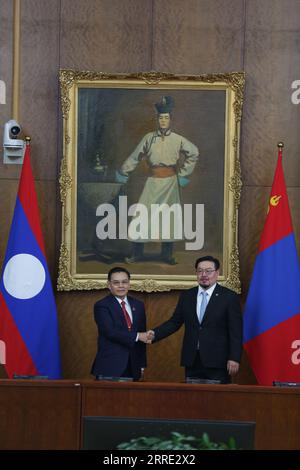 Ulaanbaatar, Mongolia, 8th Sep, 2023. The Chairman of the State Great Khural, G. Zandanshatar, welcomed the Chairman of the National Assembly of the Laos People's Democratic Republic, Xaysomphone Phomvihane. Credit: L.Enkh-Orgil/Alamy Live News. Stock Photo